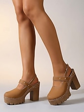 cheap Mary Jane Pumps-Women's Chunky Mary Jane Heels – Brown Platform High Heels with Adjustable Strap for Casual Wear, Office &amp; Garden Party Shoes