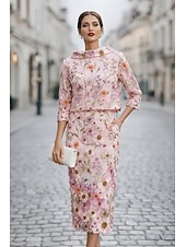 economico Set di abiti per la mamma-Due Pezzi Tubino Colonna Abito Lunghezza Tè Vestito da Festa Abito da Cocktail Abito da invitata a nozze Abito da cerimonia per signora Manica Lunga Scollo a Barca Elegante Vintage Formale Ospite di
