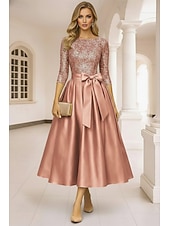  A-linja Polven yli Cocktailmekot Tyylikäs 3/4 hiha Venekaula-aukko Puutarhajuhlat Häät Tafti Paljetein koristeltu kanssa Rusetti(rusetit) Laskokset