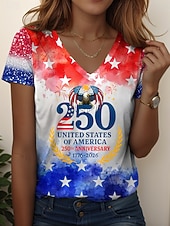  Amerikanischer Unabhängigkeitstag Damen T Shirt Druck Grafik Flagge Vintage Stilvoll Lässig Kurzarm V Ausschnitt Normale Oberteile Täglich Blau Weiß Rote Sommer Frühling