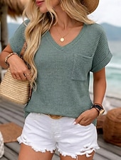 levne jednoduché tričko-Dámské Halenka Grafika Bez vzoru stylové Na běžné nošení Krátký rukáv Do V Běžné topy Denní Černá Bílá Světlá růžová Trávová zelená Léto Jaro