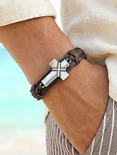 billiga Herrsmycken-Herrarmband med bohemiskt kors i läder, äkta läder och legering, vintage-stil, justerbar längd, svart och brunt, perfekt för utomhusresor, vardagsbruk och fritidsbruk