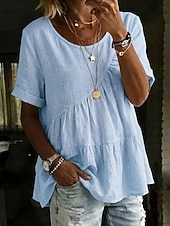 お買い得  エッセンシャルフェイクシャツ-女性用 Tシャツ フェイクリネンシャツ ティートップ フリル 平織り ファッション スタイリッシュ クラシック 半袖 クルーネック レギュラートップス 日常 お出かけ 週末 ブルー ブラック ホワイト イエロー ピンク 夏 春
