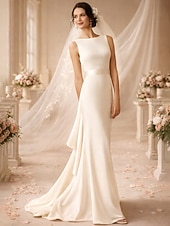 cheap Little White Dresses-Beach Wedding Hall Open Back Casual Wedding Dresses Sheath Scoop Neck Sleeveless Sweep / Brush Train Stretch Fabric Bridal Gowns With Draping