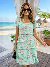 Χαμηλού Κόστους Floral φορέματα-Γυναικεία Φόρεμα μέχρι το γόνατο Φόρεμα ριχτό Καλοκαιρινό φόρεμα Διακοπές Μπόχο Στυλ Παραλίας Ημερομηνία Κανονικό Φλοράλ Γραφική Κοντομάνικο Στρογγυλή Ψηλή Λαιμόκοψη