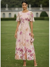 رخيصةأون طول الكاحل-A-الخط فساتين طول الكعب فستان كوكتيل فستان زفاف ضيف فستان أم العروس كم قصير رقبة عالية مدورة أنيق كاجوال رسمي ضيف حفل زفاف كنتاكي ديربي شيفون تول مع طباعة الأزهار تطريز زينة