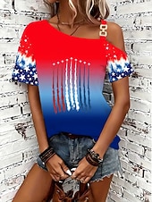  Amerikan itsenäisyyspäivä Naisten T-paita Painettu Epäsymmetrinen Kuvitettu Amerikan lippu Vintage Muoti Tyylikäs Lyhythihainen Yksiolkaiminen Tavalliset topit Päivittäin Viikonloppu Sininen Rubiini
