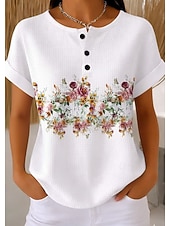 billige Blomster t-skjorte-Kvinne Waffle Teksturert Strikketopper T-skjorte Fargeblokk Grafisk Geometrisk Planter Stilfulle Klassisk Korte Ermer Crew Neck Rund Hals Daglig Sport Helg Svart og Hvit Hvit Lys Grønn Sommer