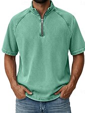 お買い得  ベーシックTシャツ-男性用 デニムシャツ コットン100% アシッドウォッシュシャツ ティートップ 半袖 スタンド ファスナー 秋冬 春 秋 平織り ヴィンテージ ストリートファッション カジュアル ジッパーを閉める 色褪せた ベーシック カジュアル 家 ストリート パープル メンズトップTシャツ