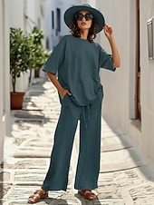 cheap Sets-15% Linen Women's Pants Sets Linen Sets Basic Pure Color Pocket Elastic Waist T Shirt Pant Daily Street Long Sleeve Crew Neck Blue Black White Navy Blue Light Brown Summer Spring