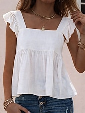 voordelige Effen Blouses-Dames Singlet Imitatie katoenlinnen Ruche Effen Modieus Stijlvol Klassiek Mouwloos Vierkante hals Normale tops Dagelijks Uitgaan Weekend Wit Zomer Lente