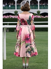  Ligne A Longueur thé Robe de Soirée Robe de Cocktail Robe d'invité de mariage Robe de Mère de Mariée  Demi Manches Col en V Élégant Formel Kentucky Derby Satin avec Imprimé floral