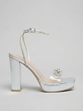 cheap Heeled Sandals-Women's Silver Platform High Heel Sandals, Rhinestone Ankle Strap Chunky Heels for Nightlife Party, Clubbing &amp; Evening Events