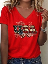 Χαμηλού Κόστους Ημέρα Ανεξαρτησίας Κορυφή-Ημέρα Αμερικανικής Ανεξαρτησίας Γυναικεία Μπλουζάκι Στάμπα Γραφική Σημαία Βίντατζ Στυλάτο Κλασσικό Κοντομάνικο Λαιμόκοψη V Κανονικά μπλουζάκια Καθημερινά Θαλασσί Μαύρο Λευκό Ρουμπίνι Καλοκαίρι Άνοιξη