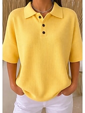  בגדי ריקוד נשים חולצת וופל צמרות קיץ כפתורים צבע אחיד וינטאג' מסוגנן ללא שרוולים צווארון פולו חולצות ארוכות יומי בָּחוּץ חגים צהוב ירוק בהיר ורוד מסמיק קיץ אביב סתיו