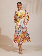 お買い得  花柄ドレス-サントリーニ サマー シフォン ゴムウエスト マキシドレス