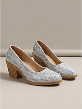 お買い得  ブロックヒールパンプス-レディース シルバー レース ブロックヒール パンプス - エレガントな花柄レース クローズドトゥ シューズ。快適なチャンキーウッドグレインヒール。結婚式や普段使いに最適。 &amp;特別な機会