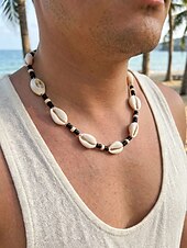 billiga Herrsmycken-Herrhalsband med träpärlor och snäckor i bohemiskt material, smycken för strandsemester och vardagsaktiviteter, lätt justerbart tillbehör för resor och sommarkläder