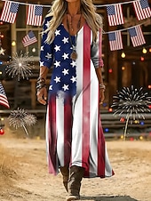  Uavhengighetsdag Dame Maxikjole Vintage kjole Uformell kjole Årgang Daglig utendørs Feriereise Normal Amerikansk flagg Langermet V-hals Rød Sommer Vår Høst