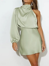 abordables Vestido Sencillo-Mujer Mini vestido Vestido de raso Vestido de Fiesta Vestido Cóctel Vestido tubo Elegante Moda Fiesta Fiesta de Cóctel Cita Ajuste regular Plano Manga Larga Escote Chino turquesa Negro Verde Claro