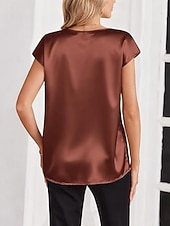 voordelige Effen t-shirt-Dames satijnen top T-shirt Effen Elegant Modieus Stijlvol Korte mouw V-hals Normale tops Dagelijks Uitgaan Weekend Champagne Goud Wijn Rood Koffie Zomer Lente