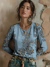 voordelige Boho t-shirt-Dames T-shirt Afdrukken Grafisch Planten Bohemen Vintage Casual Lange mouw Strakke ronde hals Normale tops Dagelijks Weekend Vakantiekleding blauw Zwart Blozend Roze Paars Oranje Zomer Lente Herfst