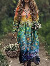  Dam Maxiklänning Boho-klänning Vintage klänning Vardagsklänning Vintage Dagligen Utomhus Semester Normal Blommig Långärmad V-hals Regnbåge Vår Höst