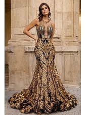 abordables Vestidos de Noche Sirena-Corte Trompeta Sirena Cola barrida Trajes de gala Vestidos de noche Corte Cenicienta Vestimenta formal Elegante Sin Mangas Escote de ilusión Carnaval Formal afroamericano Lentejuelas con Lentejuela