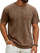 billiga grundläggande t-shirts-Herr T-shirt Tvätta skjorta i 100 % bomull Kortärmad Rund hals Sommar Vår Alla årstider Ensfärgat Elegant Vintage Neutral Ficka Färgade plagg Bedrövad Ledigt Hem Utomhus Svart Rosa Brun Topp t-shirt