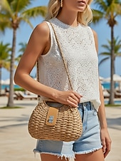 billiga Rese- och semesterväskor-Damväska i vävd stråaxelrem, beige och khakifärger, lätt sommarväska med justerbar rem, bohemisk chic-stil, perfekt för semester, resor och vardagsbruk
