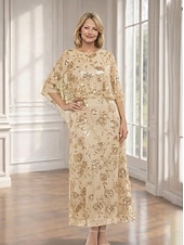 cheap Ankle Length-A-Line Dress Floor Length Ankle Length Cocktail Dress Wedding Guest Dress Mother of the Bride Dress Short Sleeve Half Sleeve Crew Neck Elegant Embellished Sparkle &amp; Shine Formal Chiffon Lace Shawls