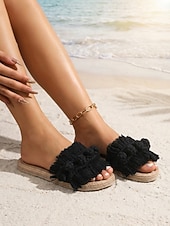 preiswerte Rutschsandalen-Damen Strand Urlaub Quaste Flacher Absatz Runde Zehe Bohemien Urlaub Stoff Loafer Schwarz Gelb Grün