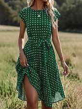 economico Abiti casual floreali-Per donna Abito Midi Vestito Casual Vestito in Chiffon Abito a trapezio Abito Floreale Elegante Vintage Moda All'aperto Vacanza Uscire Vestibilità regolare A Pois Manica Corta Scollo a V Blu Nero