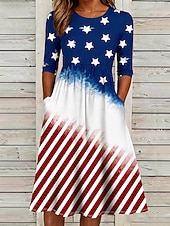  Amerikai függetlenség napja Női Midi ruha Váltó ruha Alkalmi Napi Nyári ruha Tavaszi ruha Normál Virágos Csillagok és sávok Háromnegyedes Terített nyak Medence Nyár Tavasz