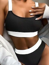 economico Bikini-Per donna Costumi da bagno Bikini Due pezzi Vita alta Costume da bagno Patchwork Snello Senza schiena Vacanza Abbigliamento da Spiaggia A righe Collo a U Senza Maniche Costumi da bagno