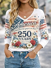  American Independence Day Women's T Shirt Print Graphic Flag Stylish Classic Long Sleeve 3/4 Length Sleeve V Neck Regular Tops Daily Weekend Blue White Red Red / Blue Spring Fall