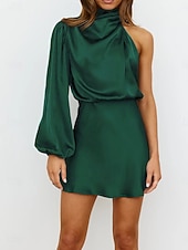 abordables Vestido Sencillo-Mujer Mini vestido Vestido de raso Vestido de Fiesta Vestido Cóctel Vestido tubo Elegante Moda Fiesta Fiesta de Cóctel Cita Ajuste regular Plano Manga Larga Escote Chino turquesa Negro Verde Claro