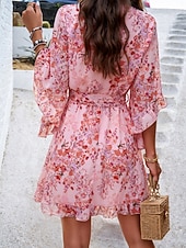 cheap Casual Floral Dresses-Women's Mini Dress Casual Dress Chiffon Dress Floral Dress Elegant Fashion Modern Outdoor Vacation Going out Regular Fit Floral Half Sleeve V Neck Black Pink Green Summer Spring