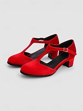 cheap 1950s Retro-Women's Vintage 1950s Red Velvet Mary Jane Shoes - Elegant T-Strap Block Heels with Round Toe for Retro Parties, Holiday Banquets &amp; Classic Daily Fashion