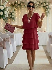 economico Abiti in chiffon-Per donna Mini Abito Abito da Cocktail Abito da invitata a nozze Vestito in Chiffon Abito a Strati Elegante Classico Festa serale Data Uscire Vestibilità regolare Colore Puro Manica Corta Girocollo