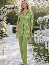 economico Tailleur pantalone della mamma-Tuta Completo Pantalone Tre Pezzi Lunghezza alla caviglia Abito da cerimonia per signora Manica 3/4 Scollo a V Elegante Taglie Forti Formale Ospite di nozze Chiffon Pizzo Con Stola con Paillettes