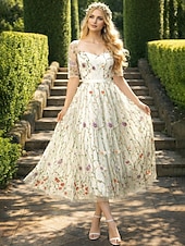 voordelige Cocktailjurken-A-Lijn Bloemenjurk Valentijnsdag Bruiloft Gast Theelength Halve Mouw Illusie Hals Kant met Borduurapplicaties