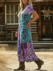 halpa Etninen Boho Mekko-Naisten Maksimekko Boho-mekko Rento mekko A linjainen mekko Painatus mekko Muoti Moderni ulko- Loma Viikonloppu Loose Fit Kukka Kuvitettu Lyhythihainen V kaula-aukko Laivastosininen Purppura Apila
