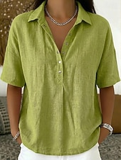 cheap Shirts-Women's Shirt Linen-feel Shirts Vintage Stylish Short Sleeve Turndown Regular Tops Daily Work Holiday Blue Black White Pink Light Brown Summer Spring