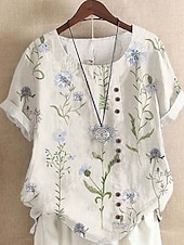 preiswerte Hemden-Damen Hemd Hemden in Leinenoptik Bluse Druck Blumen Grafik Lässig Kurzarm Rundhalsausschnitt Rundausschnitt Lange Oberteile Täglich Weiß Sommer Frühling
