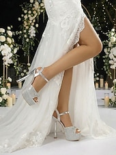 cheap Bride-Women's Silver Glitter Bow Platform Stiletto Heels - Glamorous Bridal Shoes for Urban Wedding Brides