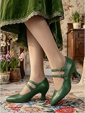 ieftine Victorian și Edwardian-Pantofi cu toc Mary Jane verzi, în stil victorian vintage pentru femei - pantofi eleganți cu toc dublu și barete mici &amp;detalii brogue pentru petreceri cu ceai, evenimente retro &amp;ocazii formale
