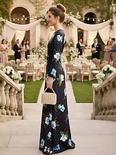 baratos Floor Length-A-Line Floor Length Wedding Guest Dress Formal Dresses Evening Gown Mother of the Bride Dress Long Sleeve Crew Neck Elegant Formal Satin with Floral Print