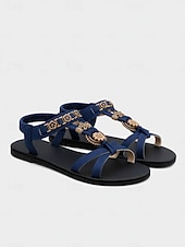 cheap Flat Sandals-Women's Navy Blue Boho Floral Beaded Flat Sandals  Vintage-Inspired Comfortable T-Strap Summer Shoes for Casual Outings, Beach Vacations, and Daily Wear