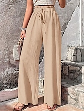 cheap Wide Leg &amp; High Waisted-Women's Wide Leg Chinos Vacation Streetwear Casual Full Length Medium Waist Plain Drawstring Pocket Elastic Waist Comfy Comfort Breathable Micro-elastic Daily Outdoor Streetwear Pea-Green Black Red